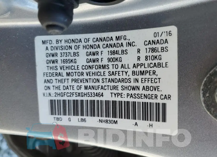2HGFC2F5XGH533464 Photo# 13