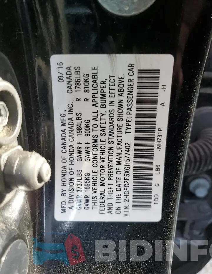 2HGFC2F5XGH577402 Photo# 12