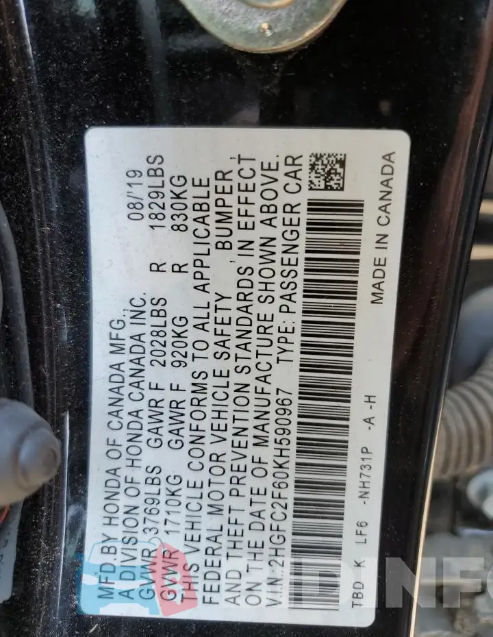 2HGFC2F60KH590967 Photo# 12