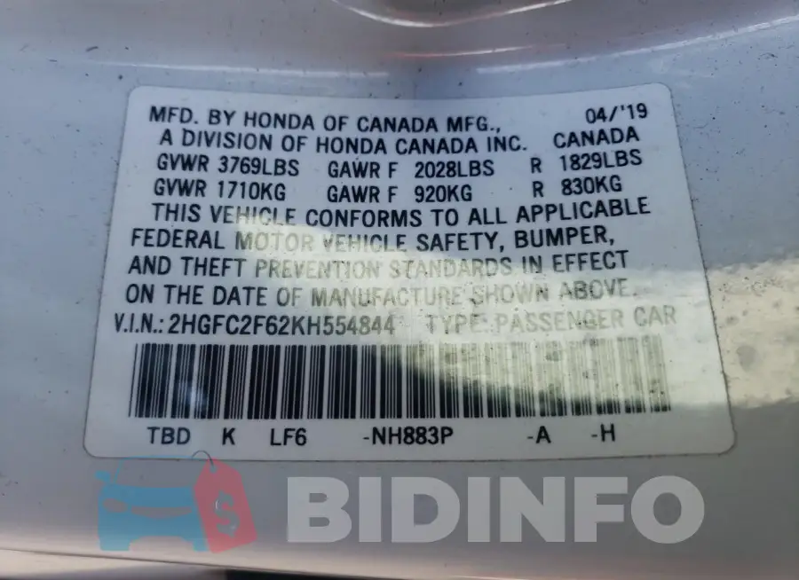 2HGFC2F62KH554844 Photo# 12