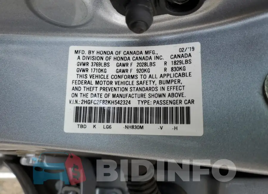 2HGFC2F82KH542324 Photo# 13