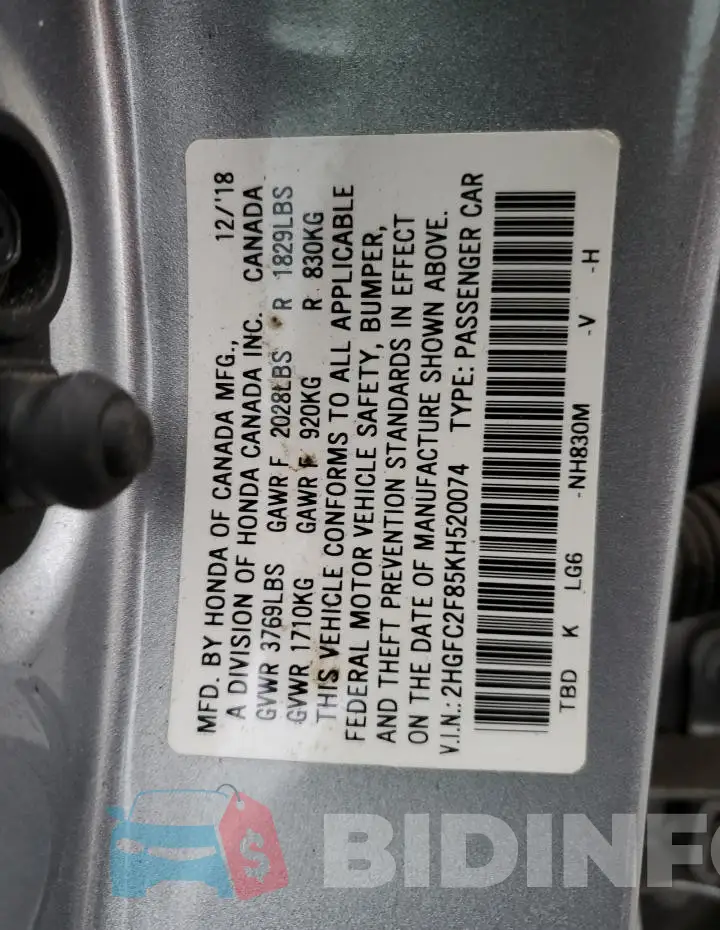 2HGFC2F85KH520074 Photo# 13
