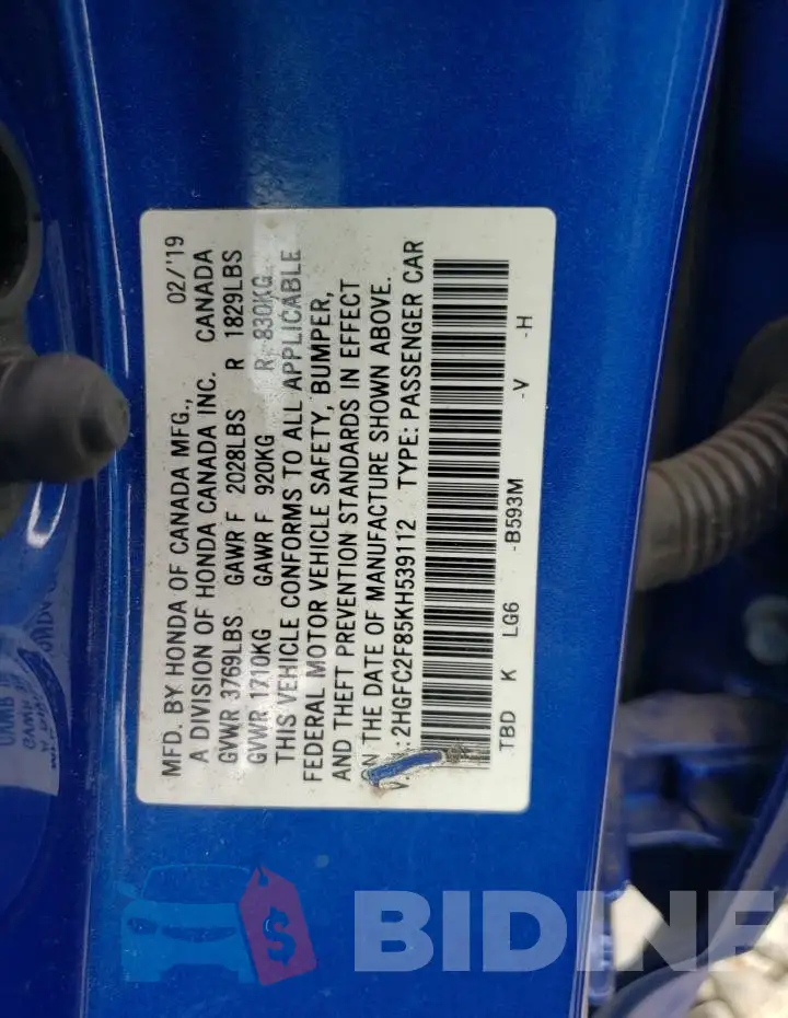 2HGFC2F85KH539112 Photo# 12