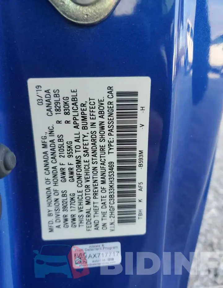 2HGFC3B33KH353469 Photo# 12