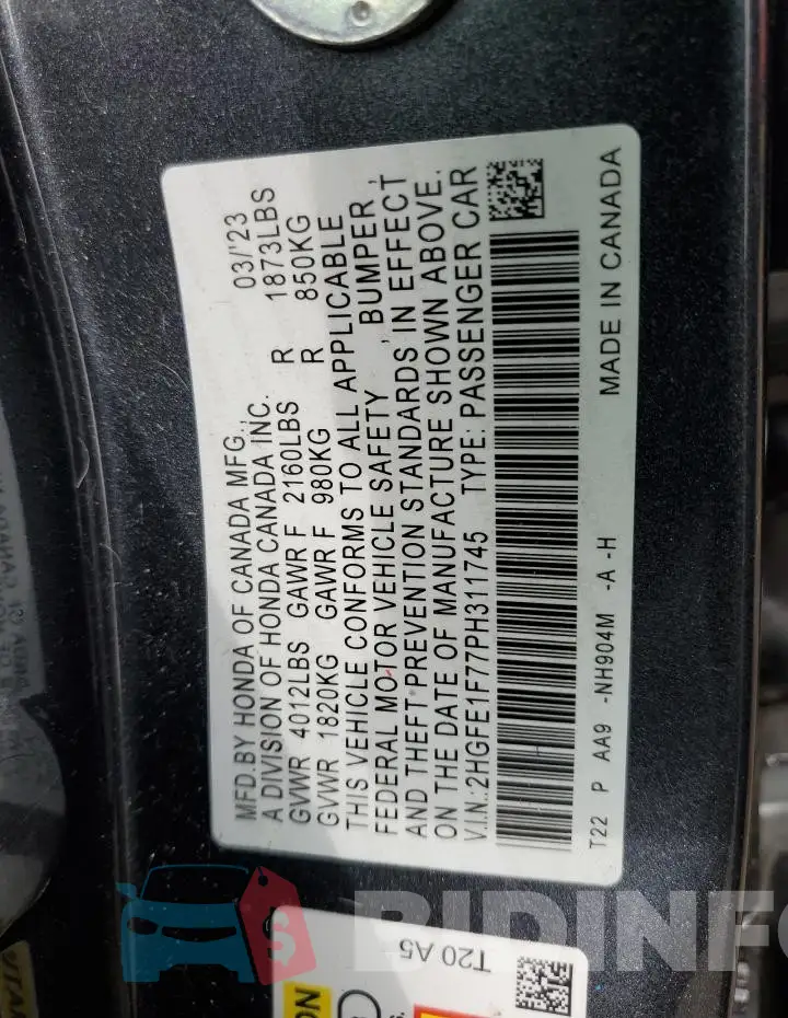 2HGFE1F77PH311745 Photo# 12