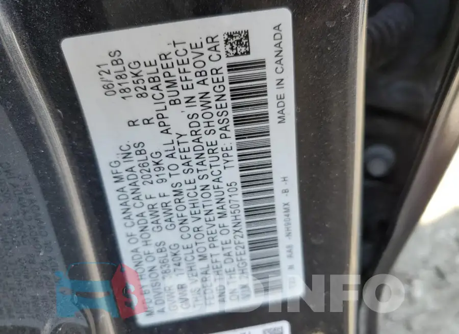 2HGFE2F2XNH507105 Photo# 12