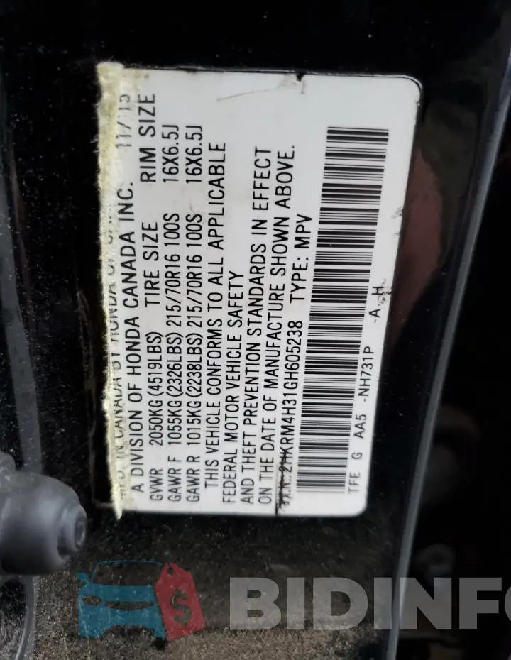2HKRM4H31GH605238 Photo# 12