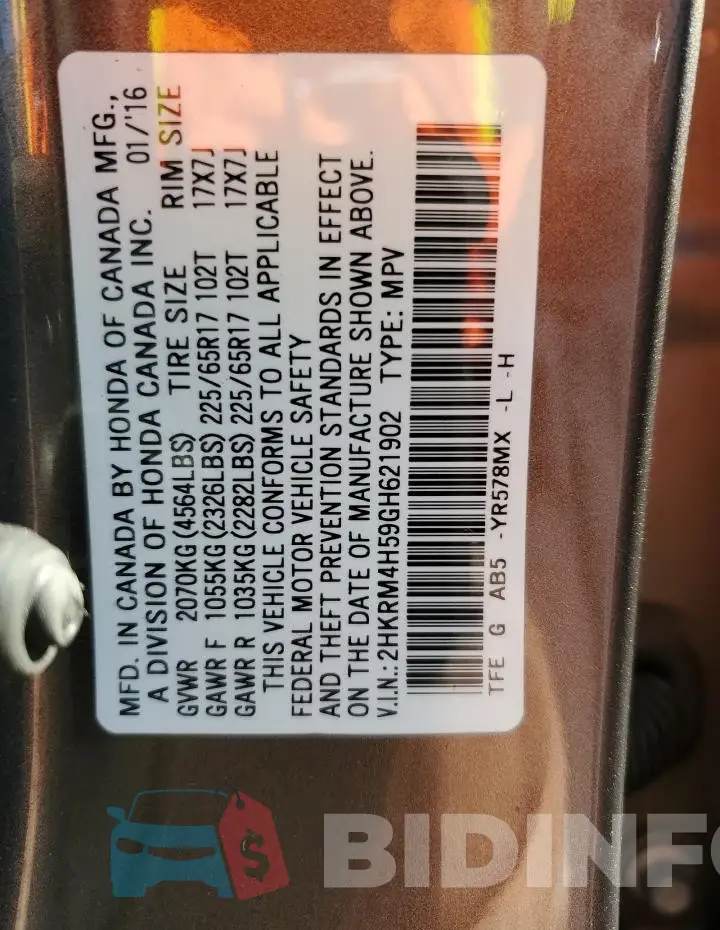 2HKRM4H59GH621902 Photo# 13