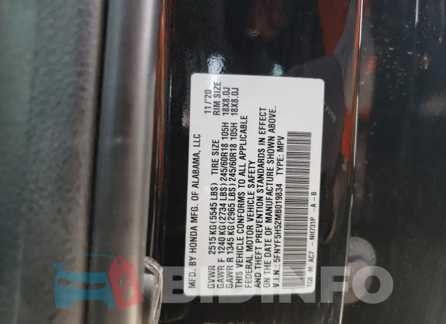 5FNYF5H52MB019834 Photo# 13