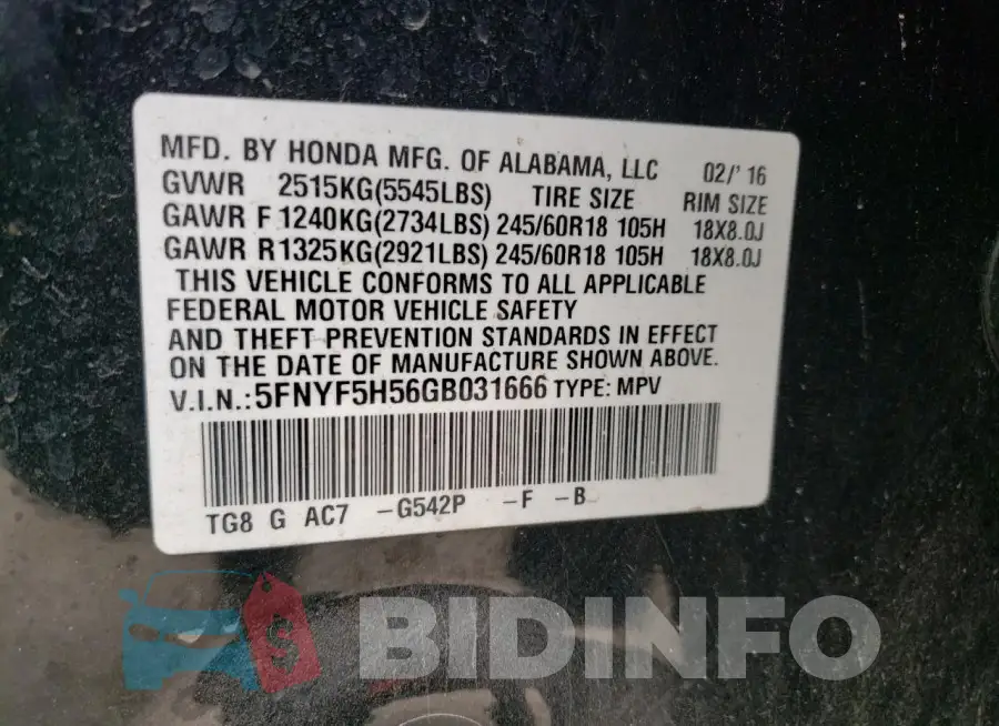 5FNYF5H56GB031666 Photo# 13