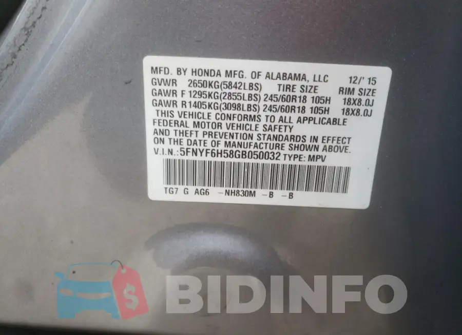 5FNYF6H58GB050032 Photo# 13