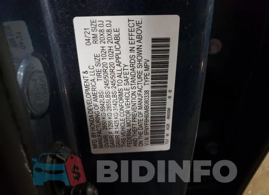 5FNYF6H60MB080338 Photo# 12