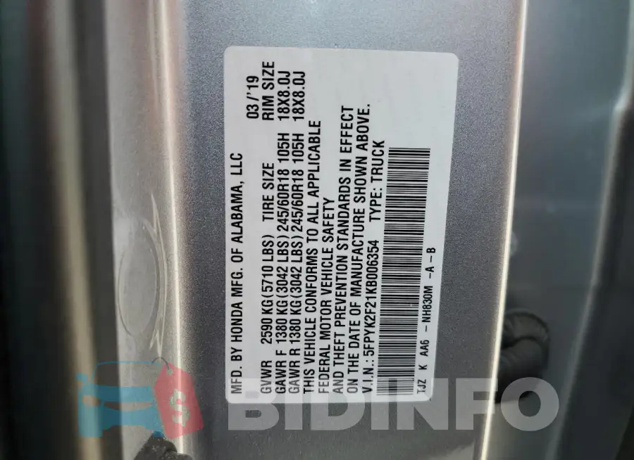 5FPYK2F21KB006354 Photo# 12