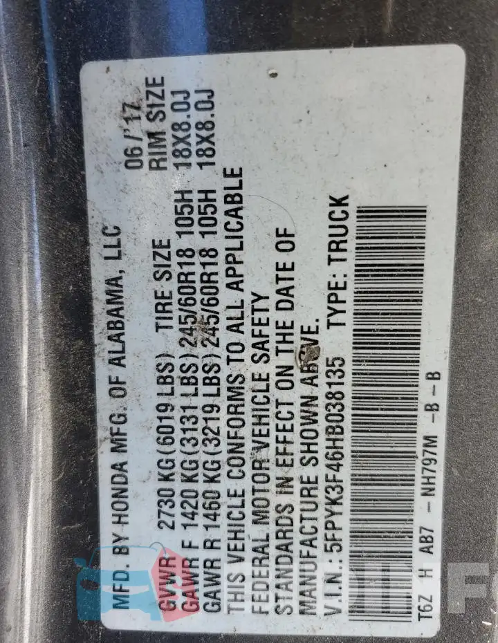 5FPYK3F46HB038135 Photo# 12