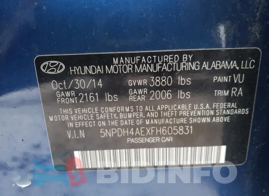 5NPDH4AEXFH605831 Photo# 12