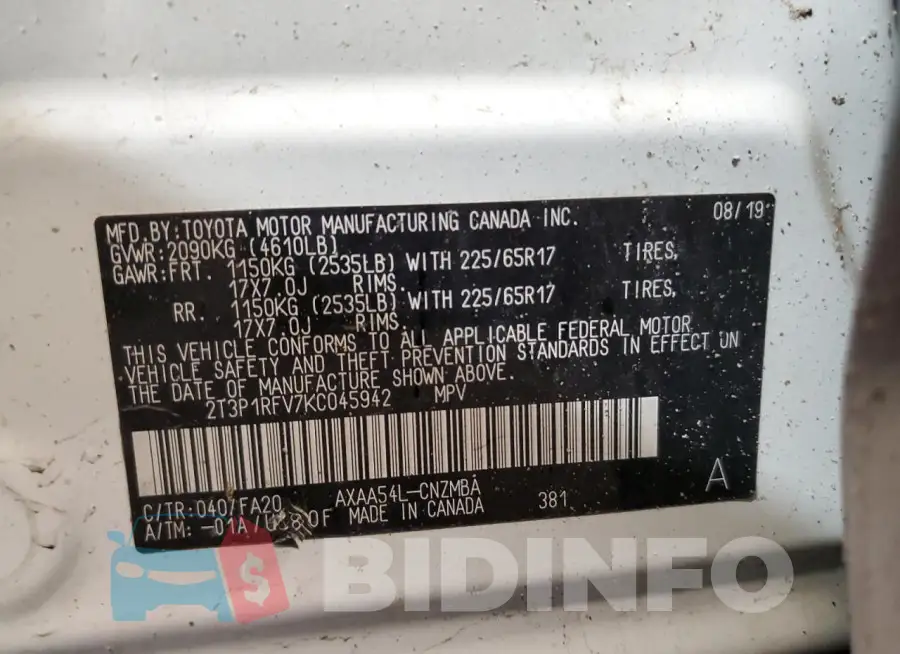 2T3P1RFV7KC045942 Photo# 13