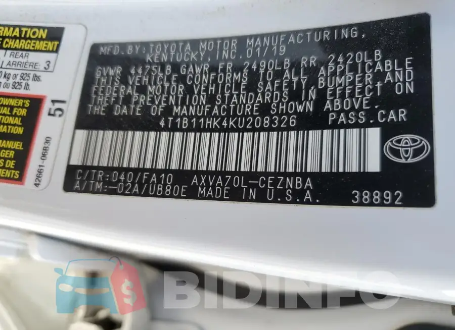4T1B11HK4KU208326 Photo# 12