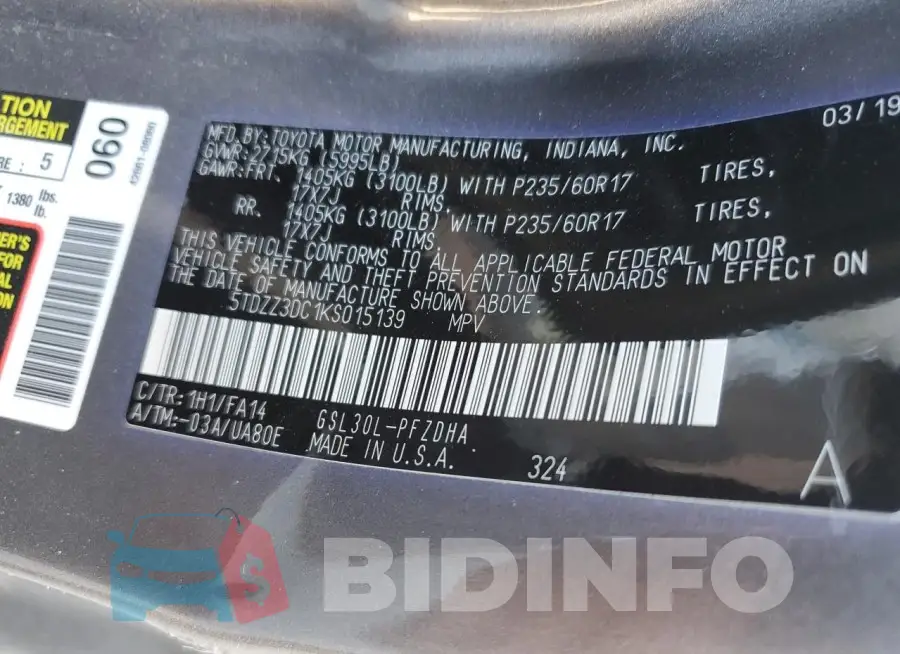 5TDZZ3DC1KS015139 Photo# 13