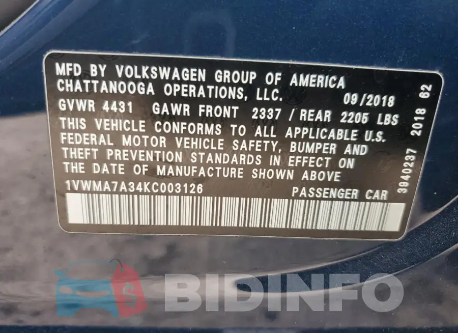 1VWMA7A34KC003126 Photo# 13