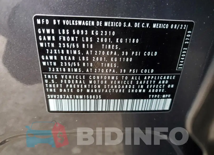 3VV2B7AX1NM158635 Photo# 13
