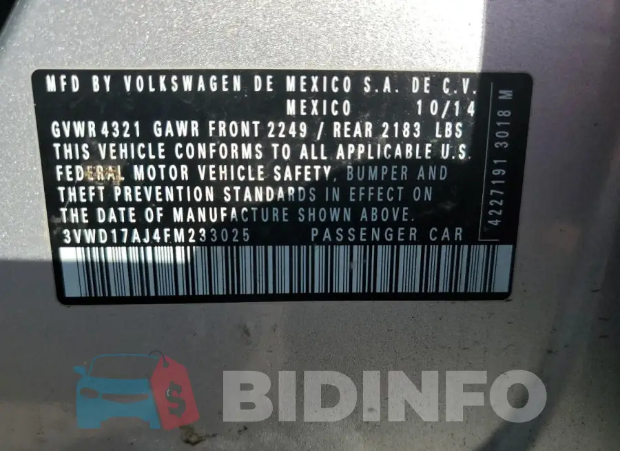 3VWD17AJ4FM233025 Photo# 12