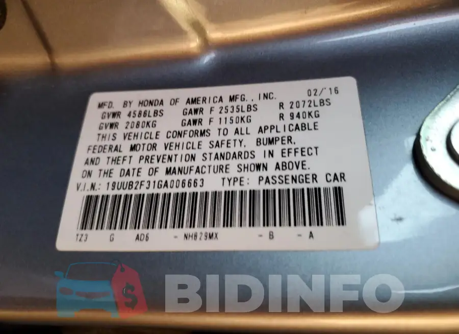 19UUB2F31GA006663 Photo# 12