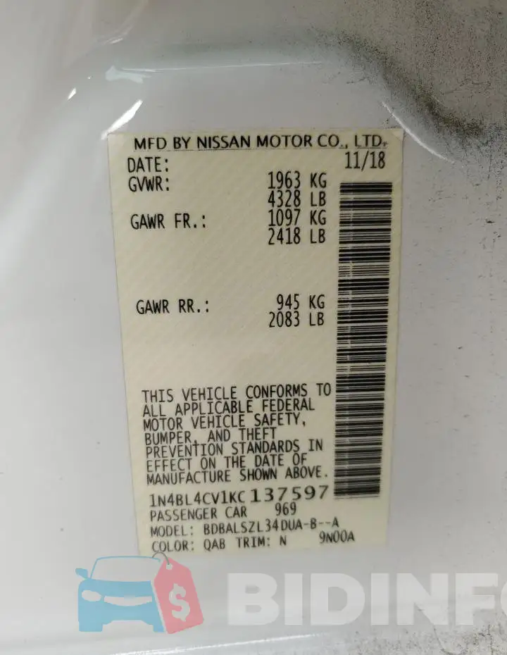 1N4BL4CV1KC137597 Photo# 12