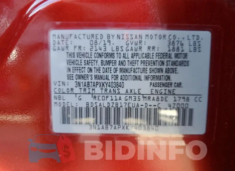 3N1AB7APXKY403840 Photo# 13