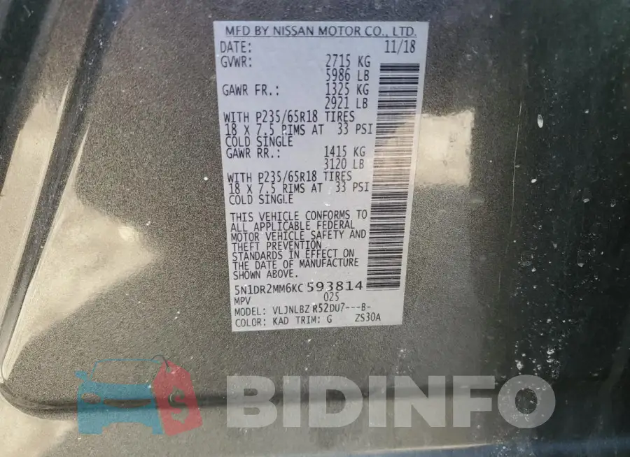 5N1DR2MM6KC593814 Photo# 13