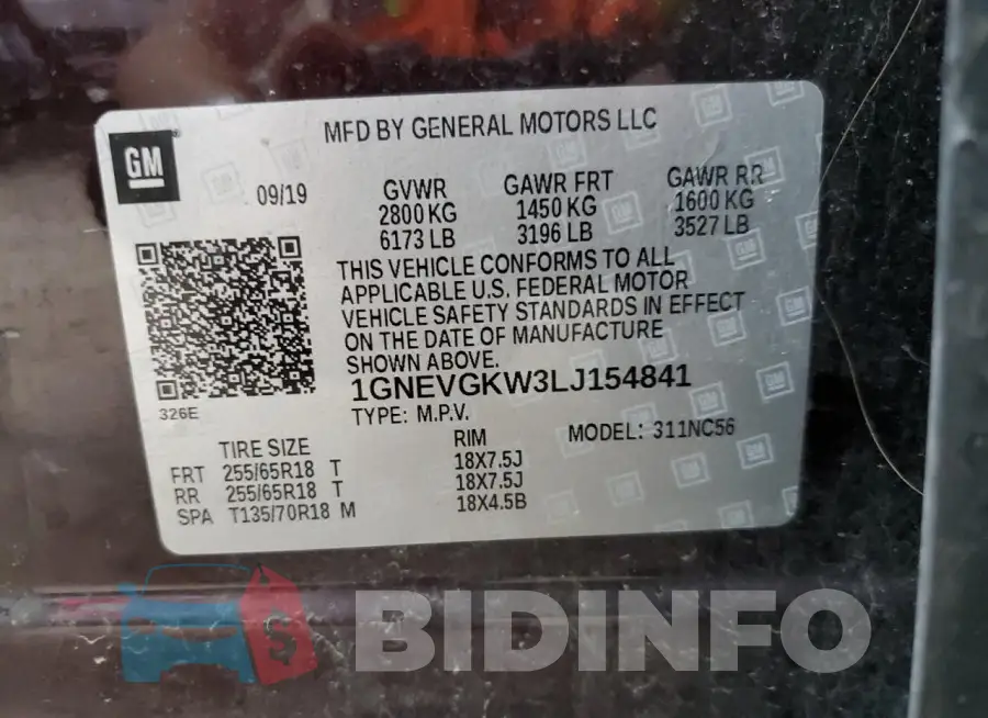 1GNEVGKW3LJ154841 Photo# 13