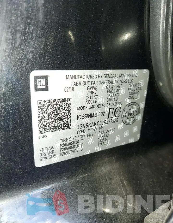 1GNSKAKC3JR277925 Photo# 12