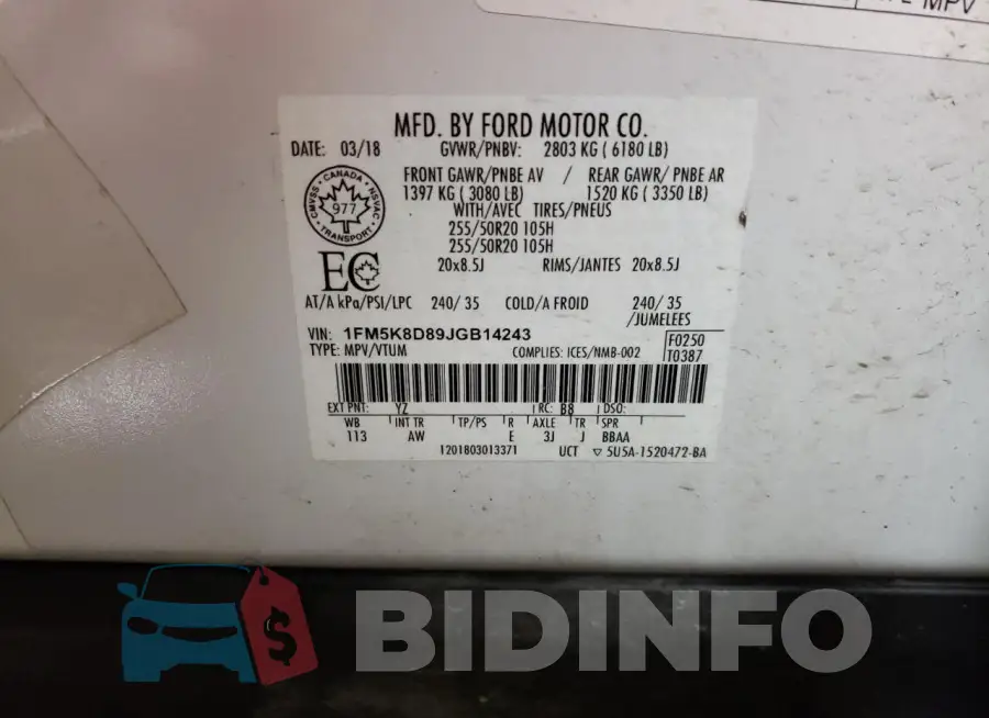 1FM5K8D89JGB14243 Photo# 14