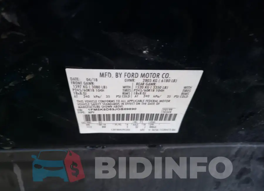 1FM5K8D89JGB69890 Photo# 13