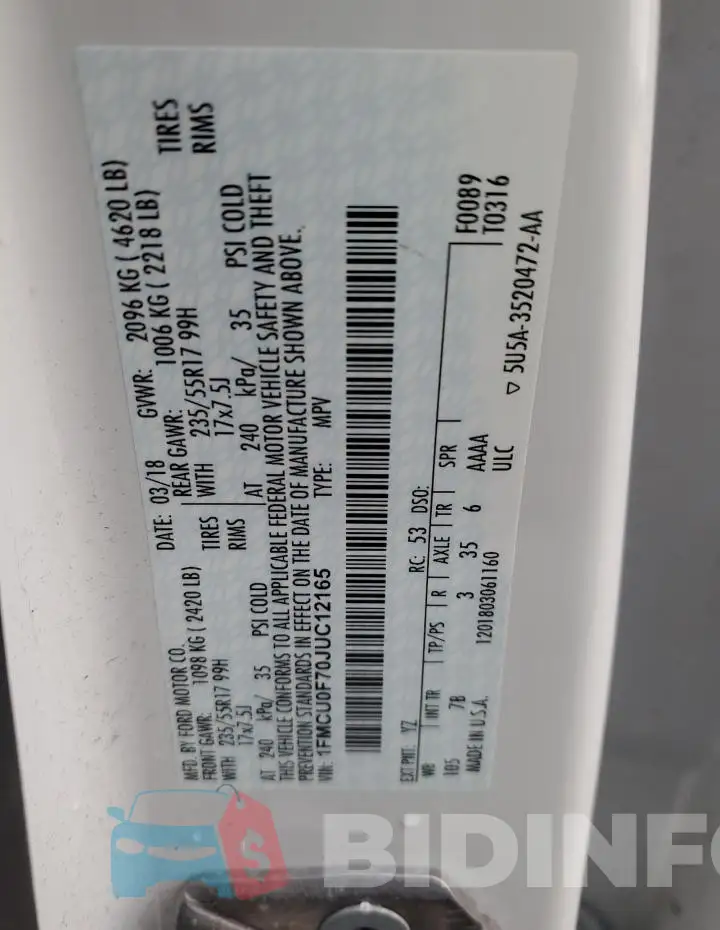 1FMCU0F70JUC12165 Photo# 13