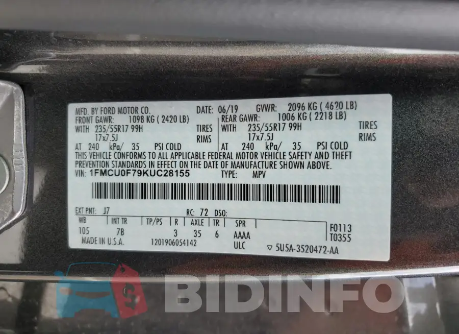 1FMCU0F79KUC28155 Photo# 14