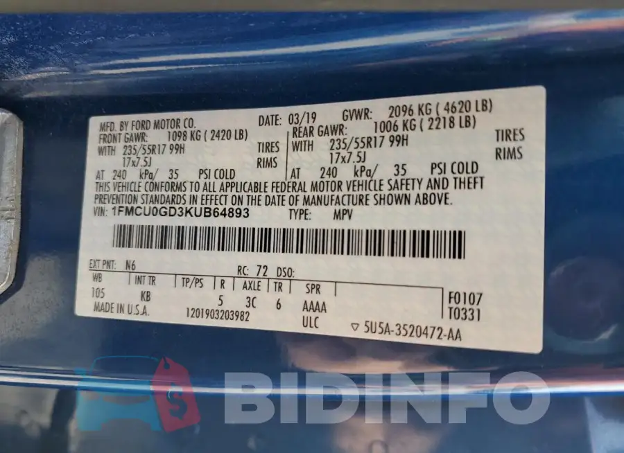 1FMCU0GD3KUB64893 Photo# 14