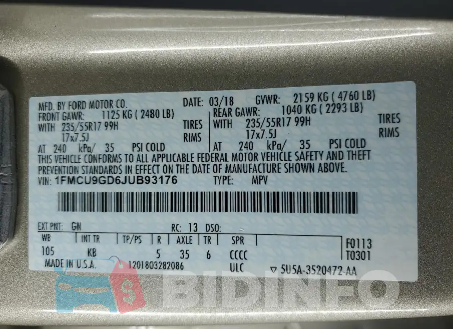 1FMCU9GD6JUB93176 Photo# 13