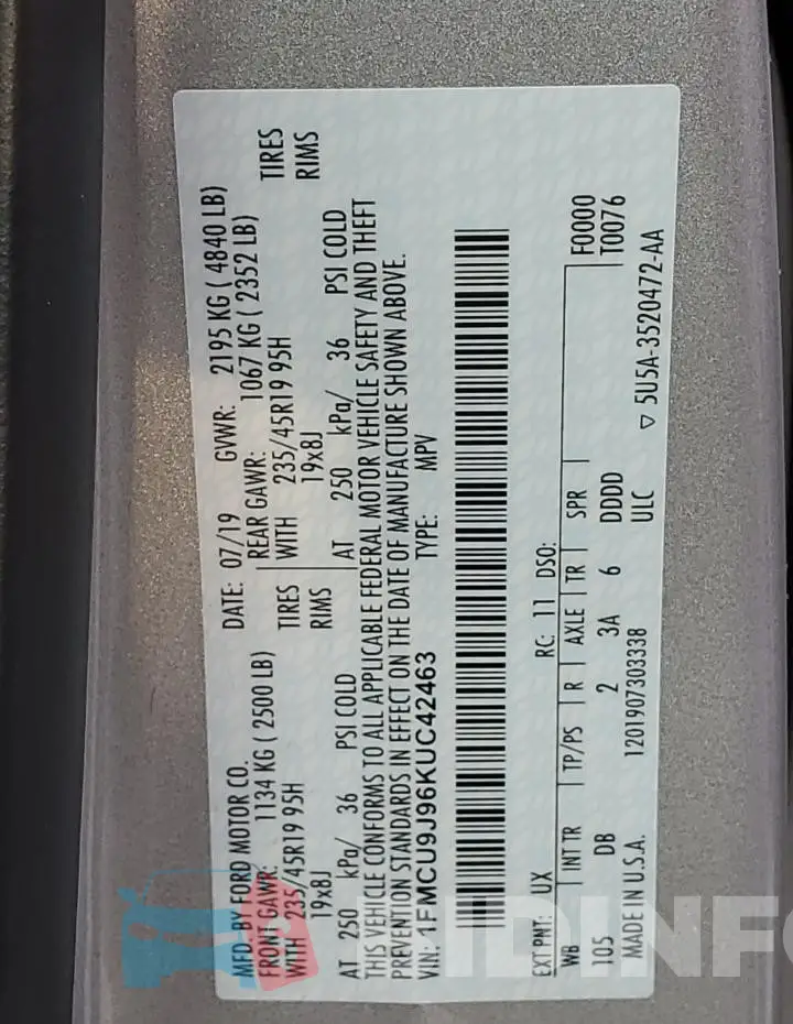 1FMCU9J96KUC42463 Photo# 12
