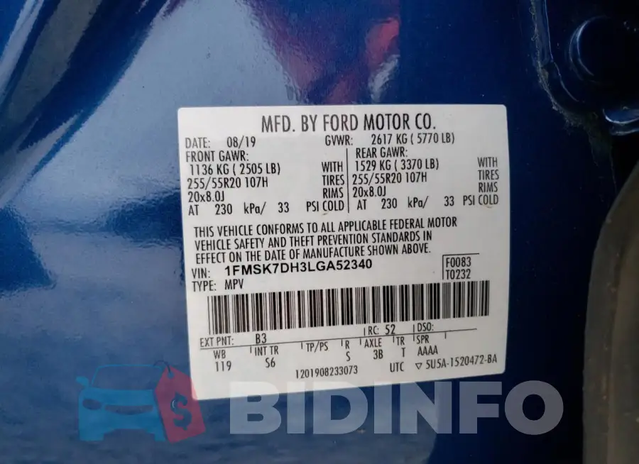 1FMSK7DH3LGA52340 Photo# 12