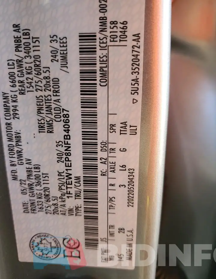 1FTEW1EP8NFB40687 Photo# 14
