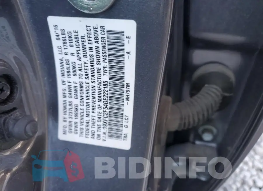 19XFC2F54GE222185 Photo# 12
