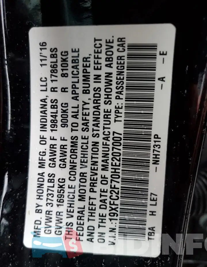 19XFC2F70HE207007 Photo# 12