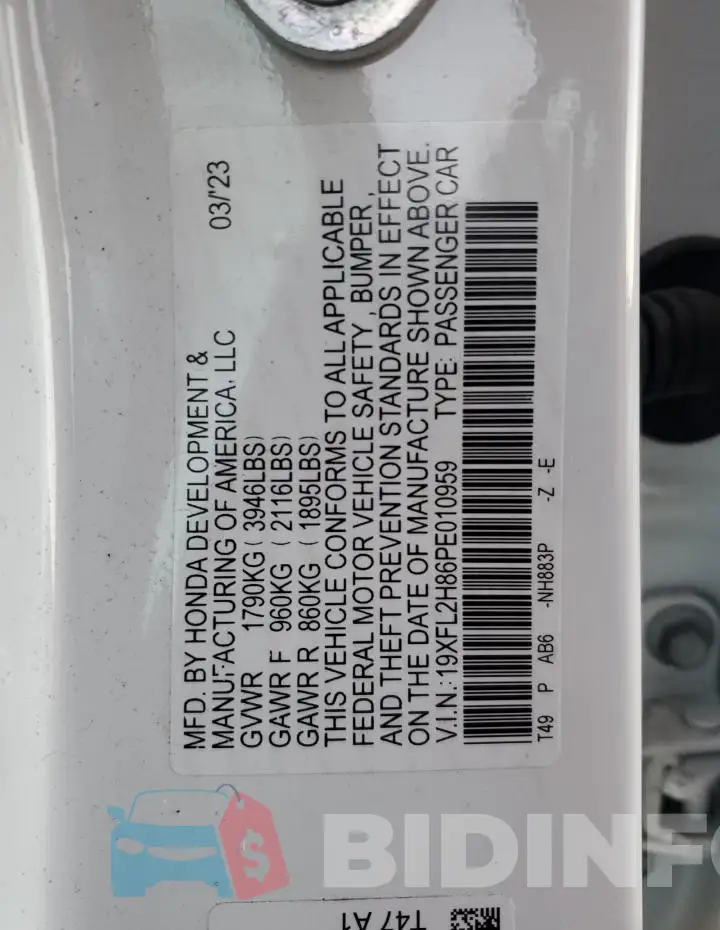 19XFL2H86PE010959 Photo# 12
