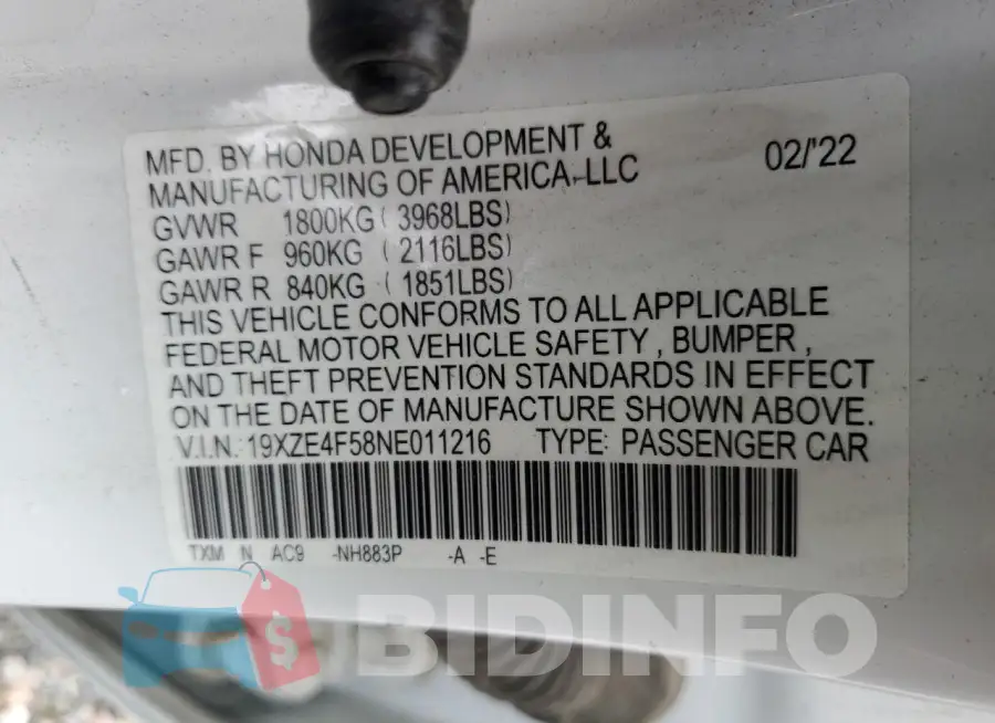 19XZE4F58NE011216 Photo# 12