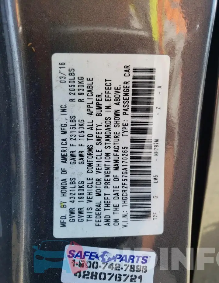 1HGCR2F57GA170265 Photo# 13