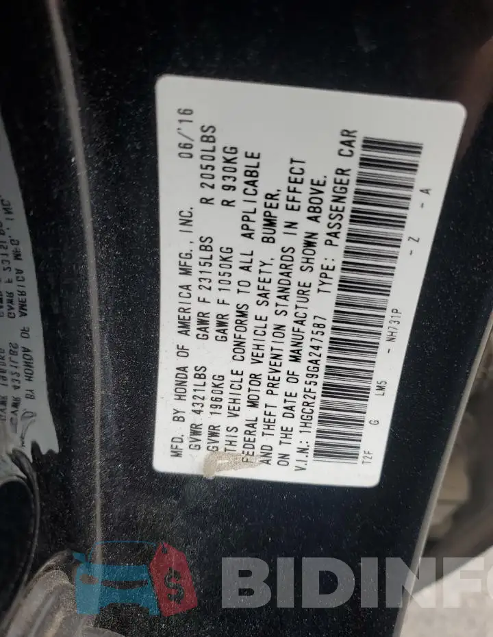 1HGCR2F59GA247587 Photo# 12