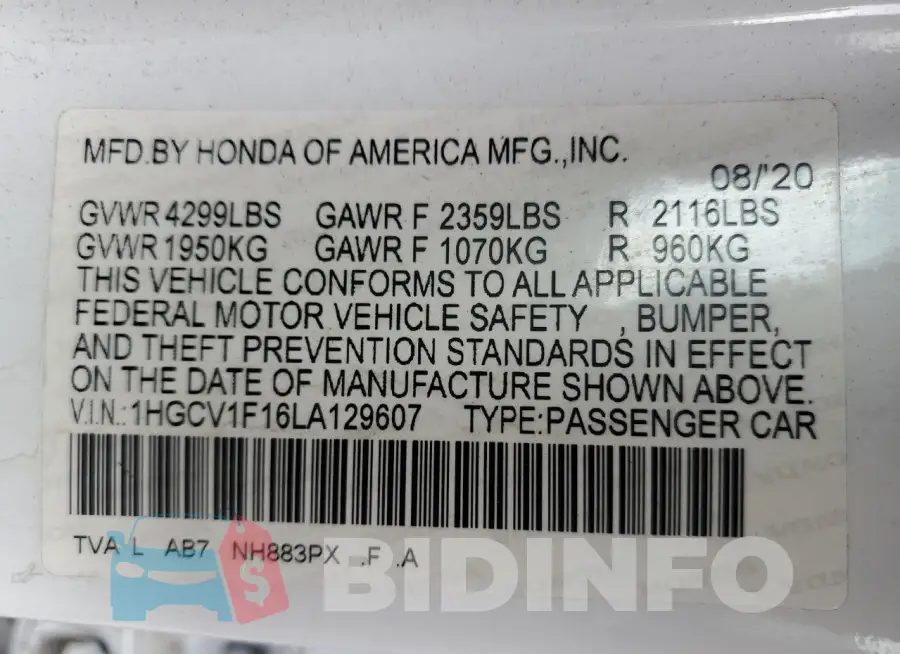 1HGCV1F16LA129607 Photo# 12