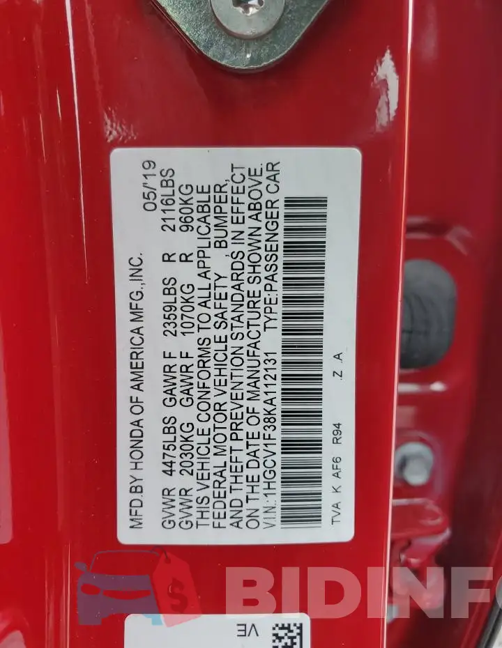 1HGCV1F38KA112131 Photo# 12