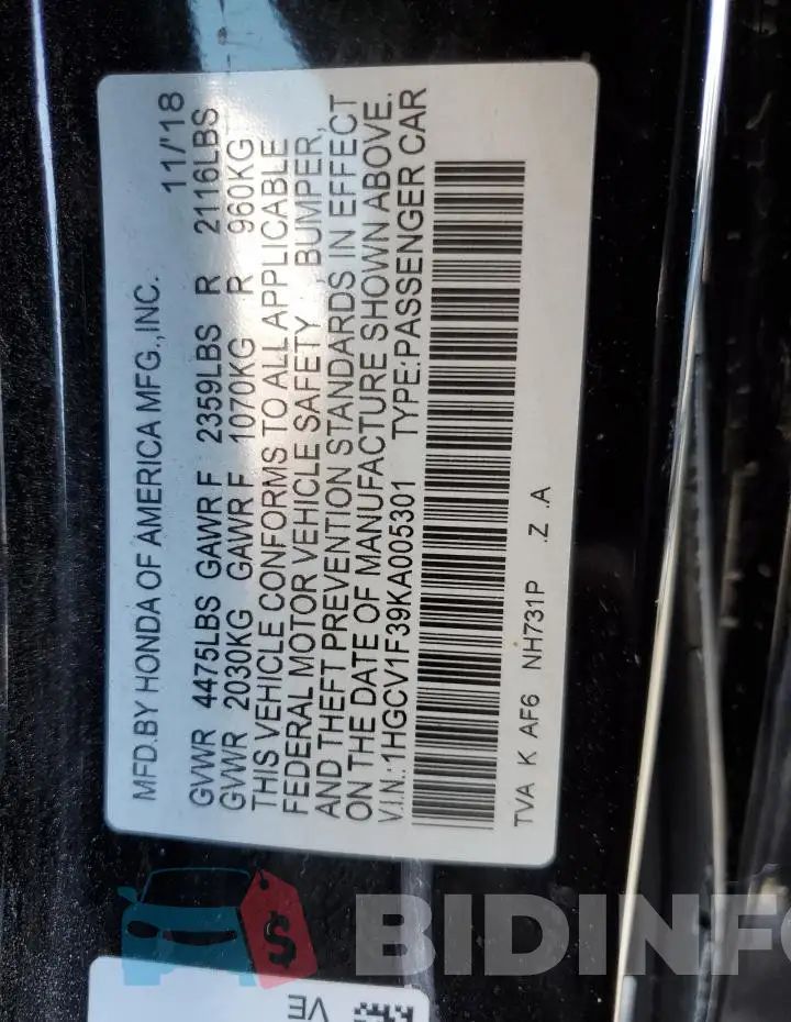 1HGCV1F39KA005301 Photo# 13