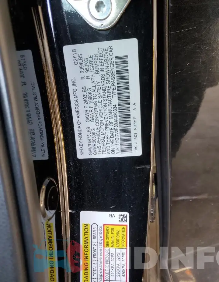1HGCV2F60JA020834 Photo# 12